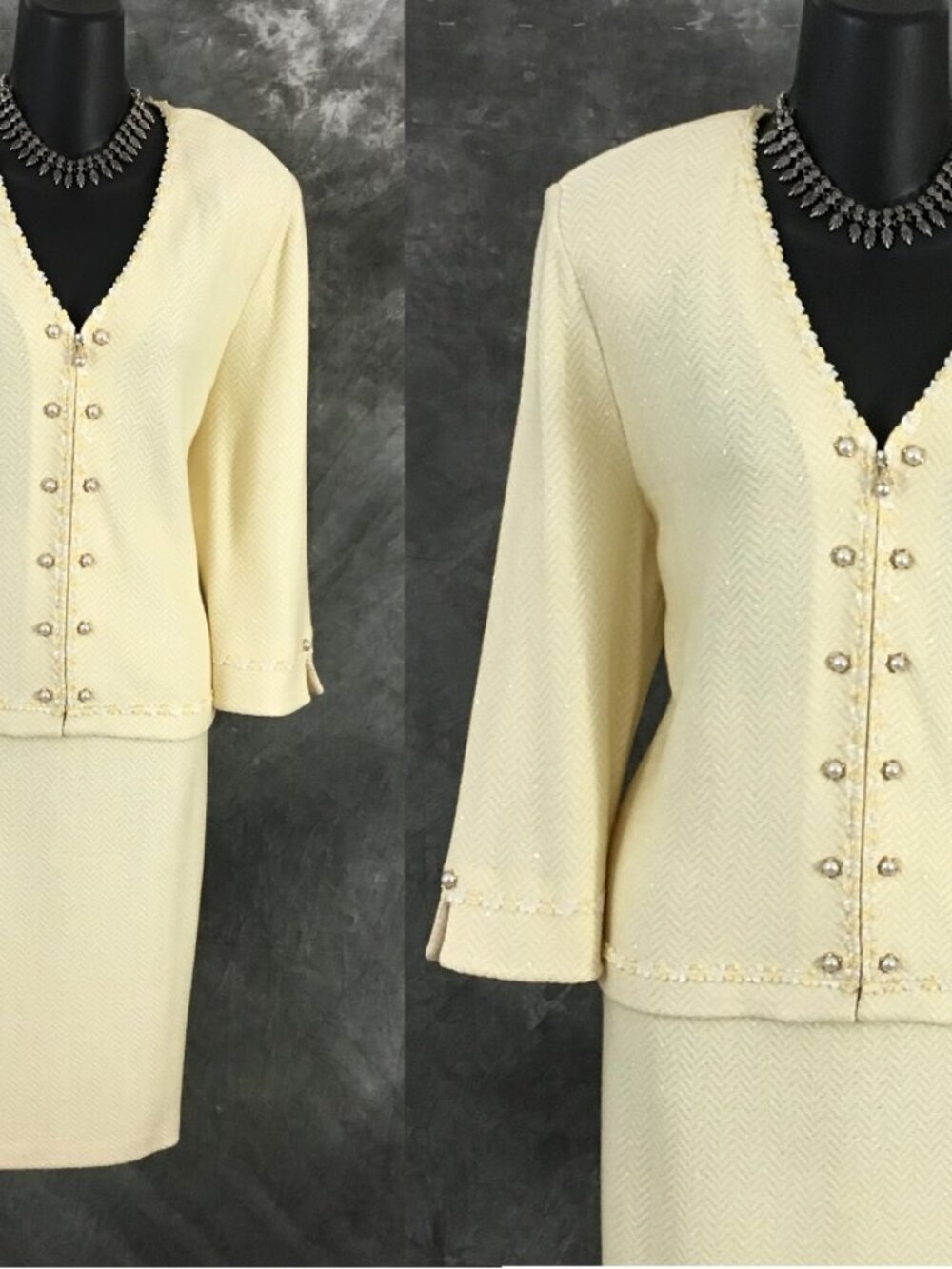 BEAUTIFUL St John couture yellow multi pearl paillettes skirt suit size 12 - Picture 2 of 10